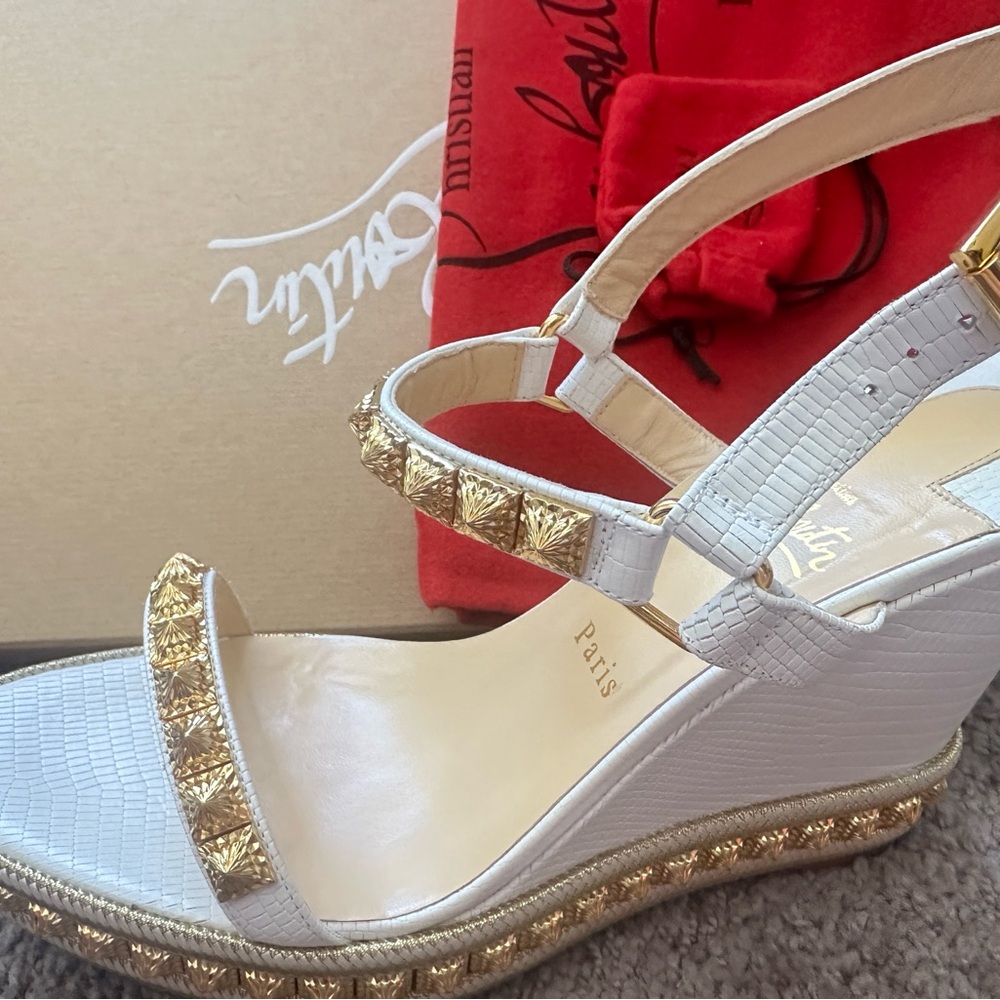 Christian Louboutin Gold and White Wedge Espadrilles